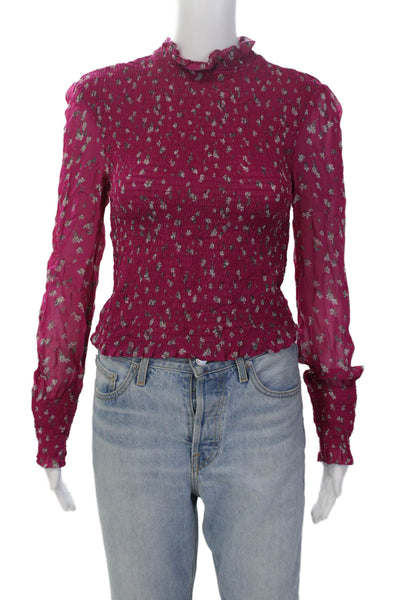 Rag & Bone Womens Floral Print Smocked Long Sleeves Blouse Pink Size Small