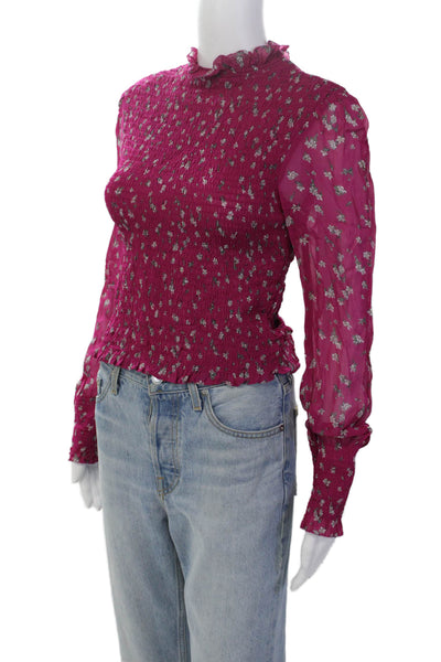 Rag & Bone Womens Floral Print Smocked Long Sleeves Blouse Pink Size Small