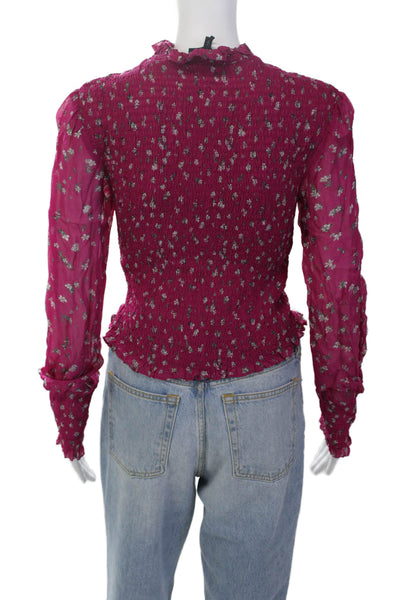 Rag & Bone Womens Floral Print Smocked Long Sleeves Blouse Pink Size Small