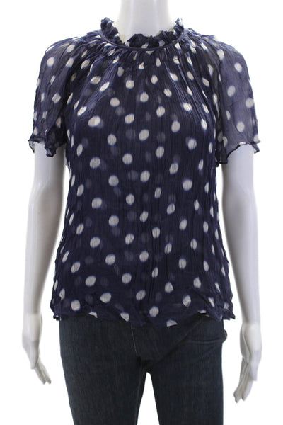 J Crew Womens Short Sleeve Polka Dot Ruffle Trim Blouse Blue Size XS