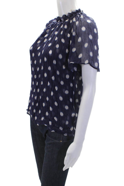 J Crew Womens Short Sleeve Polka Dot Ruffle Trim Blouse Blue Size XS