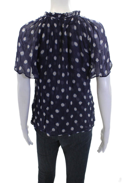 J Crew Womens Short Sleeve Polka Dot Ruffle Trim Blouse Blue Size XS