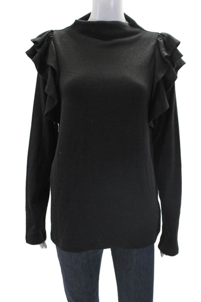 Luxe Always High Neck Ruffle Long Sleeves Pullover Sweater Black Size L