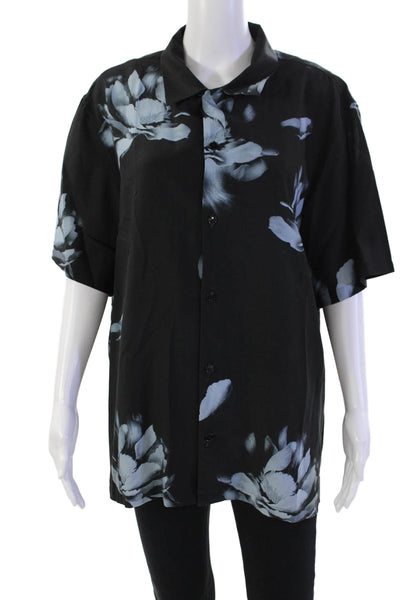Theory Womens Collared Short Sleeve Floral Print Buttoned Top Black Size XL