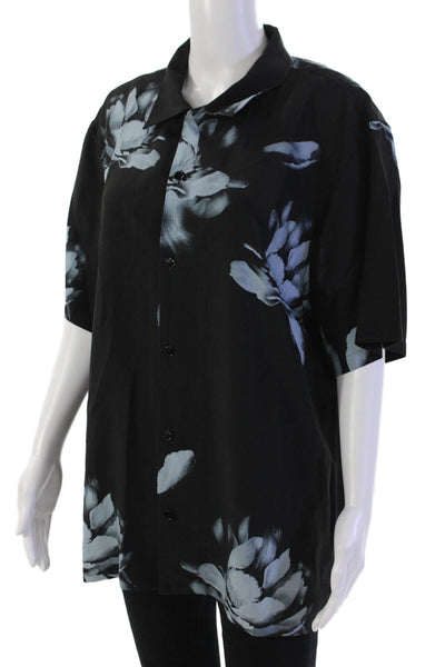 Theory Womens Collared Short Sleeve Floral Print Buttoned Top Black Size XL