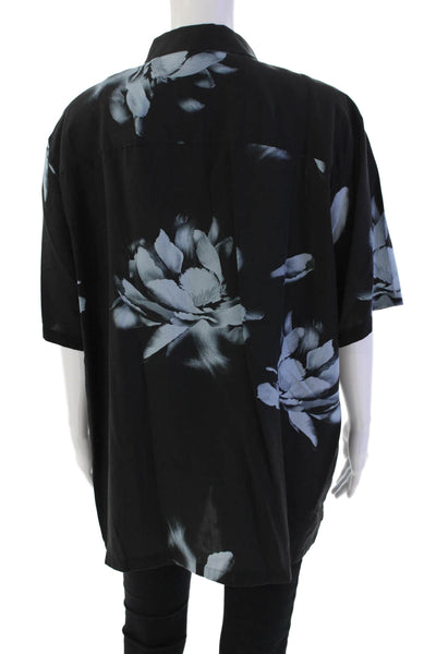 Theory Womens Collared Short Sleeve Floral Print Buttoned Top Black Size XL