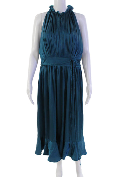 Ieena for MacDuggal Women's Ruffle Neck Sleeveless Tiered Midi Dress Teal 10