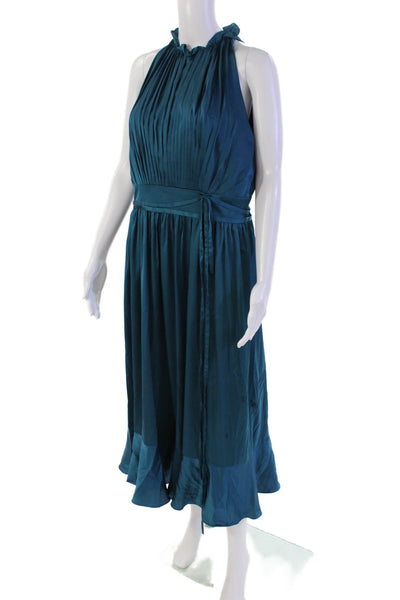 Ieena for MacDuggal Women's Ruffle Neck Sleeveless Tiered Midi Dress Teal 10