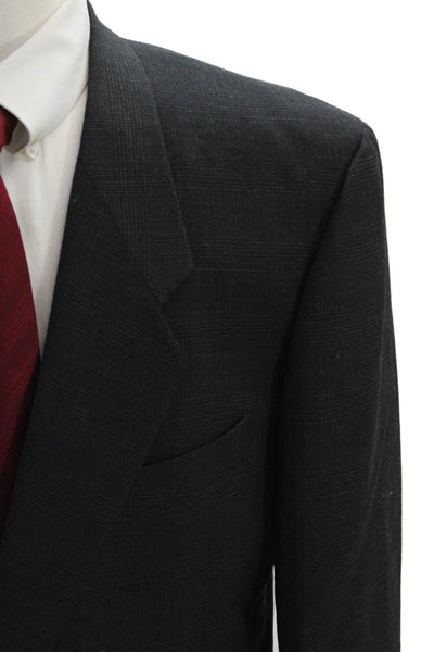 Mani Mens Plaid Two Wide Lapel Button Blazer Jacket Black Wool Size 44 Regular