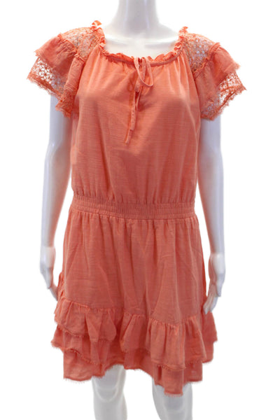 Heartloom Womens Cotton Lace Trim Short Sleeves Tiered Flare Dress Pink Size L