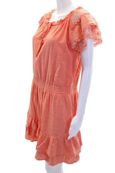 Heartloom Womens Cotton Lace Trim Short Sleeves Tiered Flare Dress Pink Size L