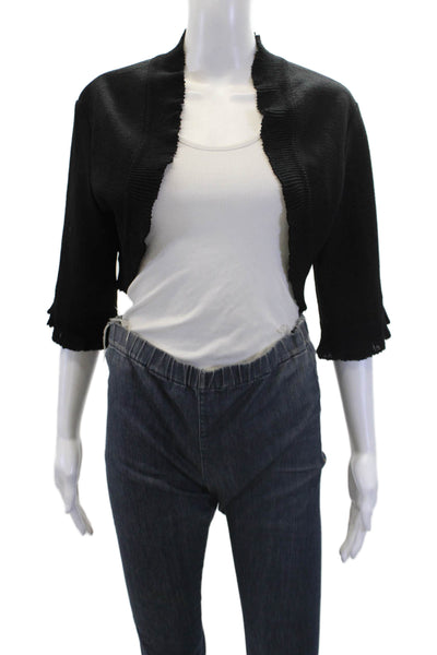 Elana Wool Blend Open Front Ruffle Hem Cropped Cardigan Black Size L