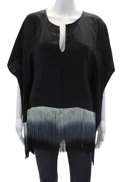 Karina Grimaldi Women's Fringe Round Neck Short Sleeves Blouse Black Size XS