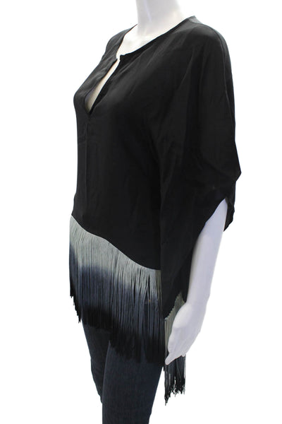 Karina Grimaldi Women's Fringe Round Neck Short Sleeves Blouse Black Size XS