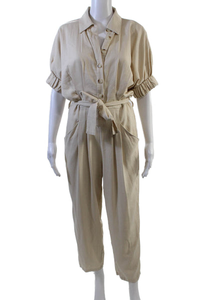 BLANKNYC Womens Linen Pleated Front Belted Jumpsuit Beige Size Extra Small