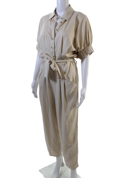 BLANKNYC Womens Linen Pleated Front Belted Jumpsuit Beige Size Extra Small