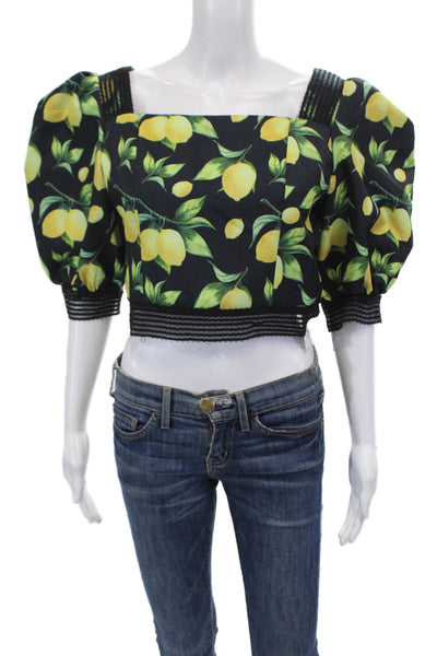 Beulah Women's Square Neck Short Sleeves Lace Trim Lemon Print Blouse Size L