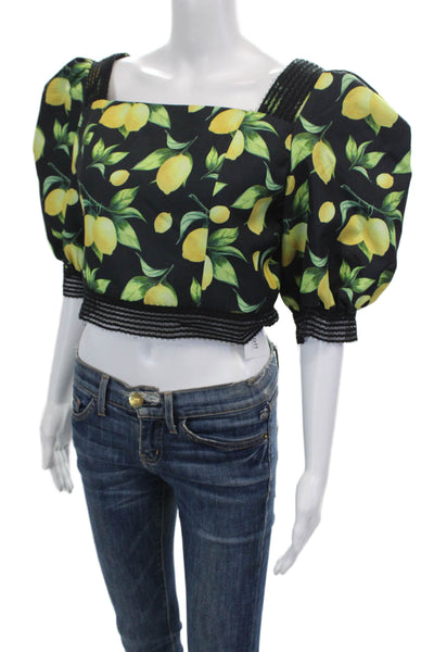Beulah Women's Square Neck Short Sleeves Lace Trim Lemon Print Blouse Size L