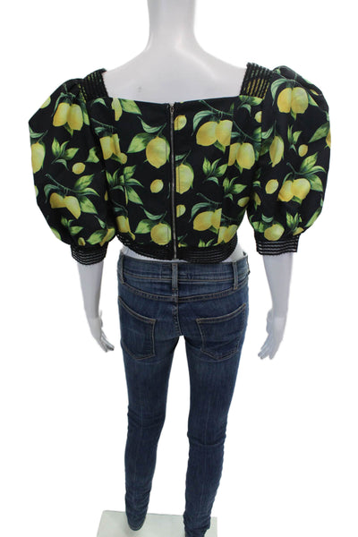 Beulah Women's Square Neck Short Sleeves Lace Trim Lemon Print Blouse Size L