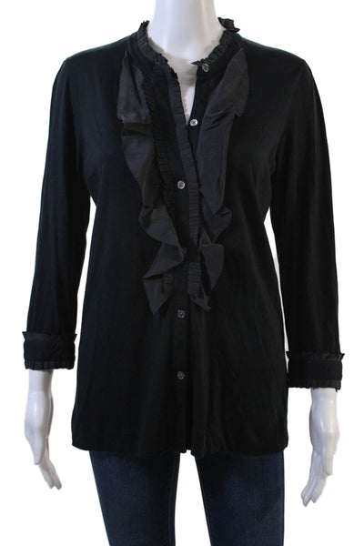 Theory Womens Cotton Pleated Neckline Ruffled Buttoned Blouse Black Size S