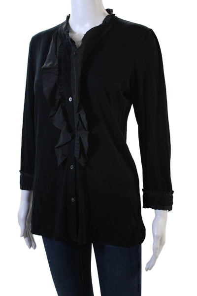 Theory Womens Cotton Pleated Neckline Ruffled Buttoned Blouse Black Size S