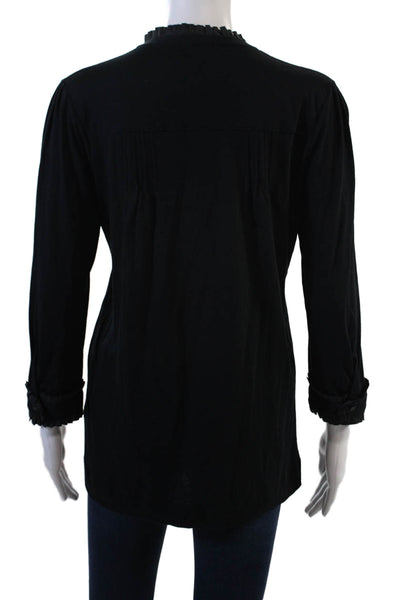 Theory Womens Cotton Pleated Neckline Ruffled Buttoned Blouse Black Size S