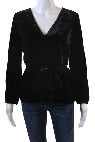 J Crew Womens Long Sleeve Drawstring Waist Velvet Long Sleeve Top Black Size 2