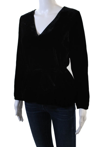 J Crew Womens Long Sleeve Drawstring Waist Velvet Long Sleeve Top Black Size 2