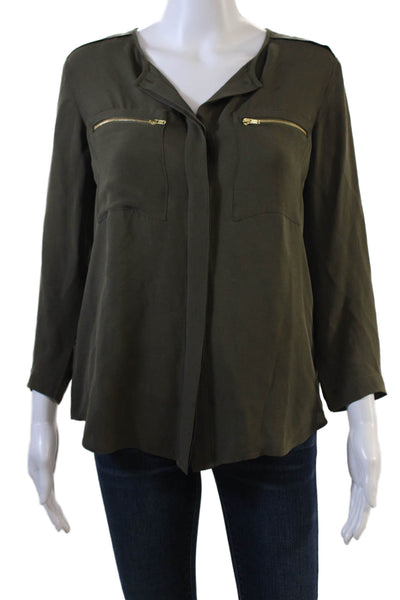 Theory Womens Silk Long Sleeve Buttoned Zippered Pocket Blouse Green Size S