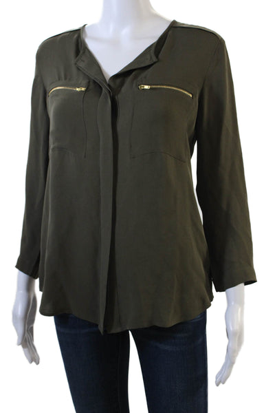 Theory Womens Silk Long Sleeve Buttoned Zippered Pocket Blouse Green Size S