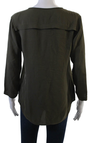 Theory Womens Silk Long Sleeve Buttoned Zippered Pocket Blouse Green Size S