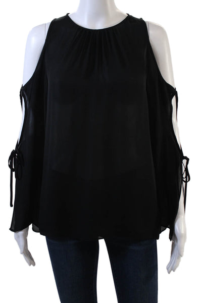 Ramy Brook Womens Silk Sheer Cold Shoulder Long Sleeve Blouse Solid Black Size S