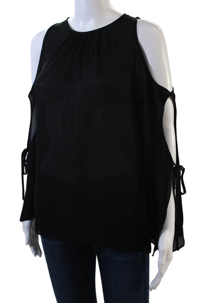 Ramy Brook Womens Silk Sheer Cold Shoulder Long Sleeve Blouse Solid Black Size S