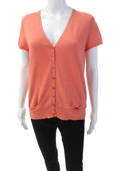 Eileen Fisher Women's V-Neck Short Sleeves Button Up Cardigan Orange Size M