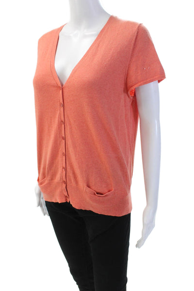 Eileen Fisher Women's V-Neck Short Sleeves Button Up Cardigan Orange Size M