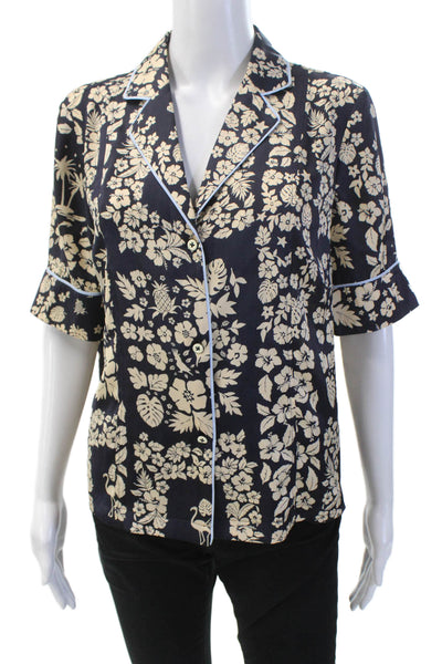 Scotch & Soda Womens Floral Print Short Sleeve Button Up Blouse Top Navy Size M