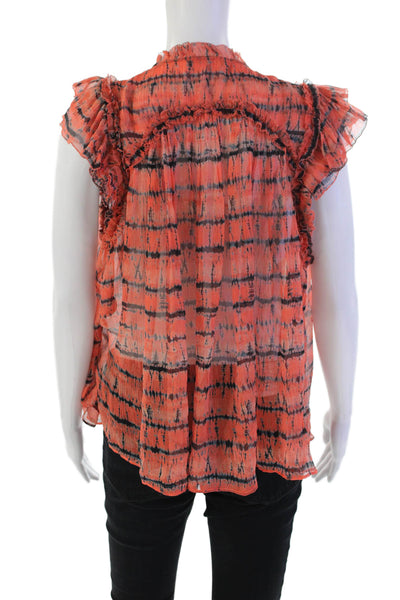 Ulla Johnson Womens Silk Tie Dye Print Ruffled Blouse Orange Navy Blue Size 8
