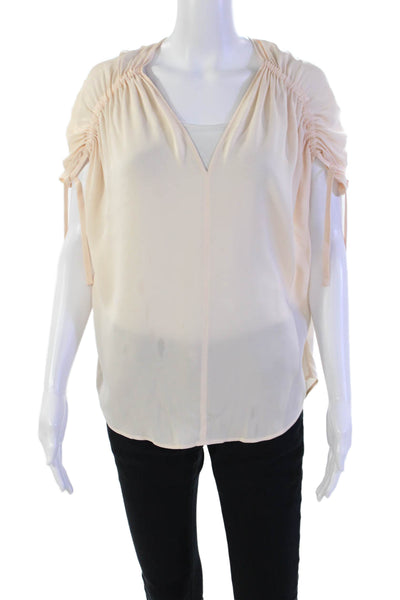 Vince Womens Silk Drawstring Short Sleeves V Neck Blouse Pink Size Medium