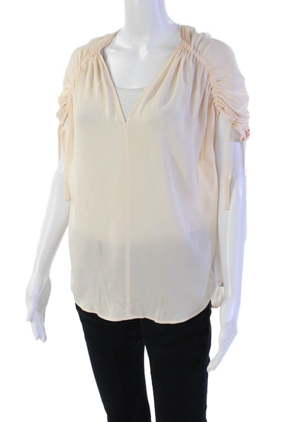 Vince Womens Silk Drawstring Short Sleeves V Neck Blouse Pink Size Medium