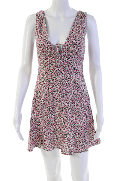 Zara Womens Linen Floral Pattern Sleeveless Flare Mini Dress Hem Pink Size XS