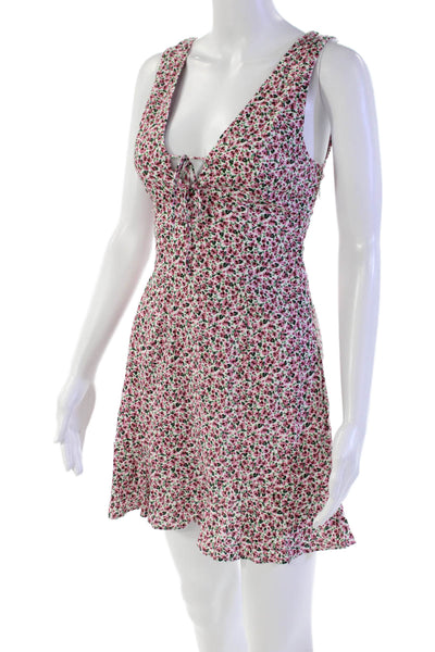 Zara Womens Linen Floral Pattern Sleeveless Flare Mini Dress Hem Pink Size XS