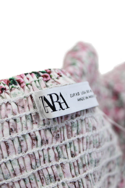 Zara Womens Linen Floral Pattern Sleeveless Flare Mini Dress Hem Pink Size XS