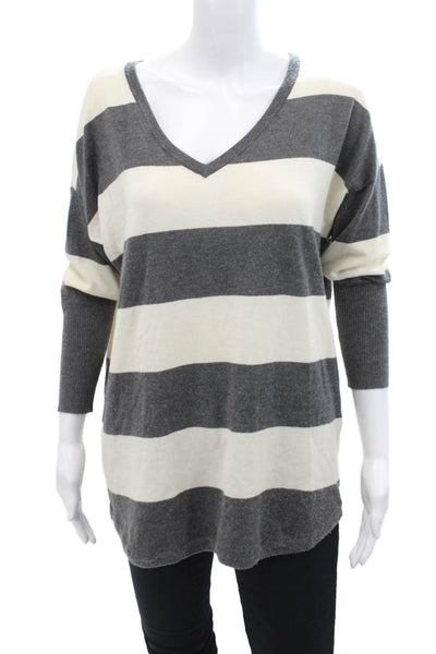 Joie Womens Striped Knit V-Neck Quarter Sleeve Pullover Sweater Gray Size S