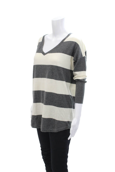 Joie Womens Striped Knit V-Neck Quarter Sleeve Pullover Sweater Gray Size S