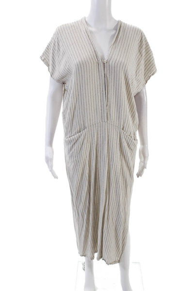 Zara Womens Short Sleeve V Neck Pinstriped Long Dress Beige Black Size XS
