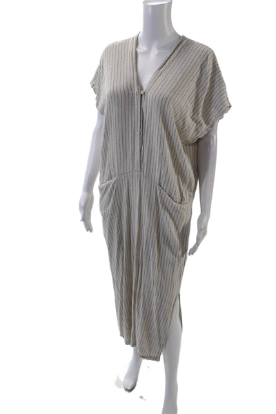 Zara Womens Short Sleeve V Neck Pinstriped Long Dress Beige Black Size XS