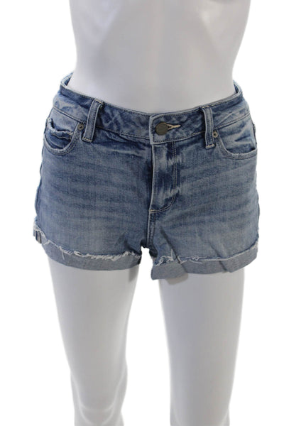 Paige Womens Zipper Fly Mid Rise Cuffed Fringe Denim Shorts Blue Size 24