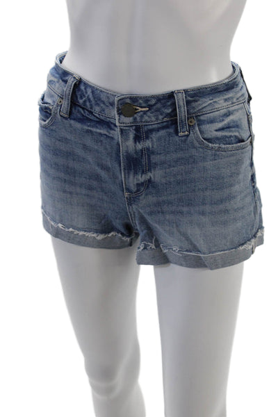 Paige Womens Zipper Fly Mid Rise Cuffed Fringe Denim Shorts Blue Size 24