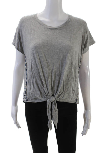 Fifteen Twenty Womens Short Sleeve Scoop Neck Embroidered Trim Shirt Gray XS