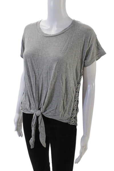 Fifteen Twenty Womens Short Sleeve Scoop Neck Embroidered Trim Shirt Gray XS